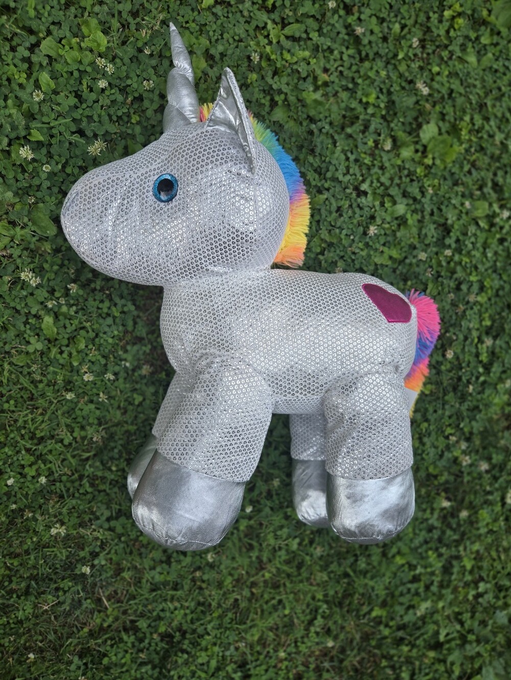 Silver Sparkle Unicorn Plush with Rainbow Mane - Kids Stuffed Toy